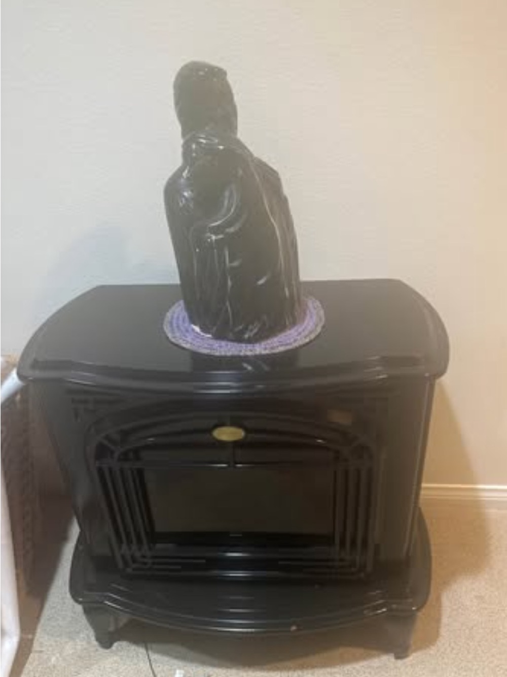 Black Decorative Resin Bird Statue on Purple Doily - Home Accents